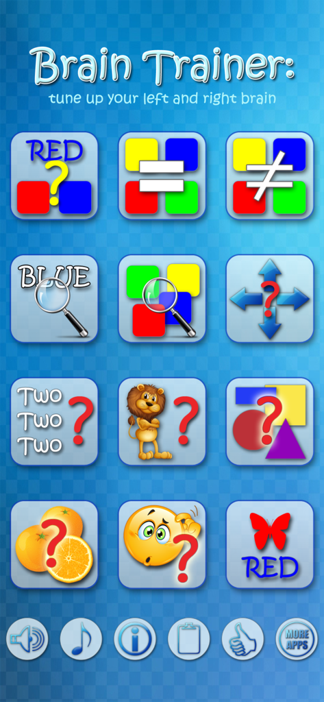 Pantalla del menú principal de la aplicación Brain Trainer mostrando una selección de doce iconos de minijuegos cognitivos sobre un fondo azul