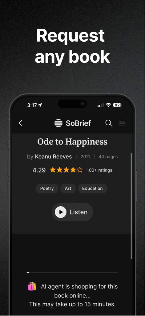 Schermata dell'app SoBrief che mostra una richiesta di libro per Ode to Happiness con un agente IA che trova il riassunto