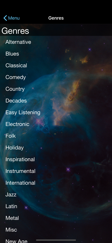 Police Scanner + - Un elenco dei generi musicali radiofonici disponibili nell'app Police Scanner plus ambientato su uno sfondo galattico.