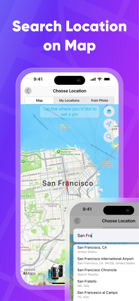 Search and select a geographic location on a map to add GPS metadata to photos