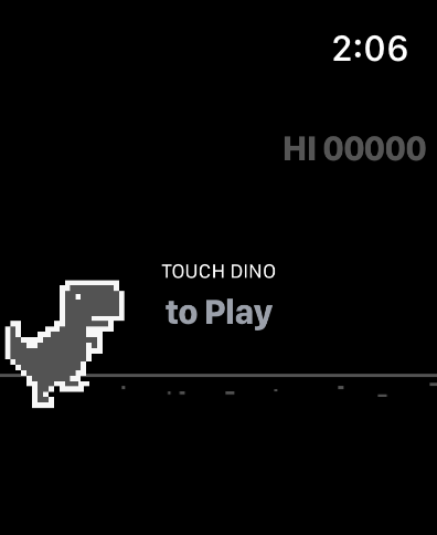 Pantalla de inicio del juego Dino Run T-Rex en un Apple Watch con un dinosaurio pixelado y el texto Toca al Dino para Jugar