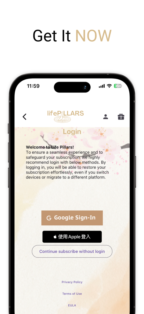 Life Pillars - Login screen of the Life Pillars app showing Google and Apple sign-in options over a floral background.