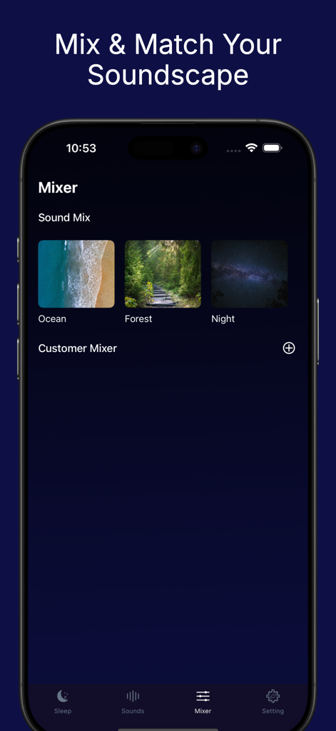 Daily Meditation Studio - A interface do aplicativo Daily Meditation Studio mostrando o recurso de mixer de som com opções para paisagens sonoras de Oceano, Floresta e Noite.