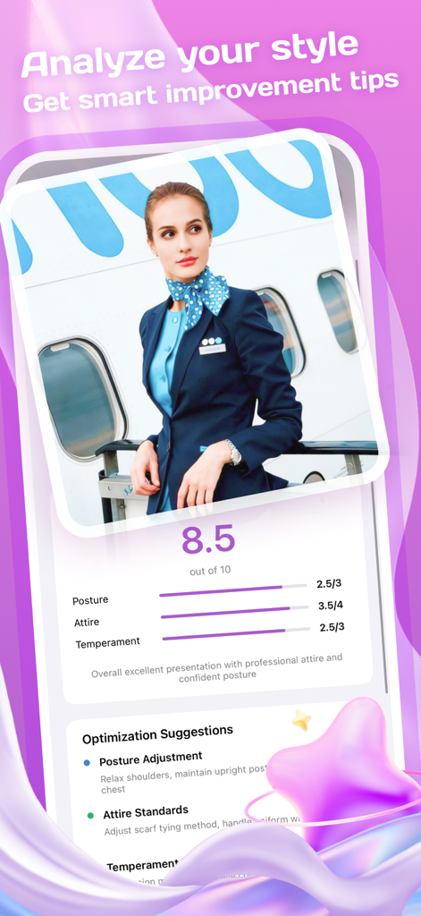 Voya app interface showing a flight attendant style analysis with professional scores and optimization suggestions