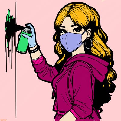 realistic girl with mask spray painting a wall