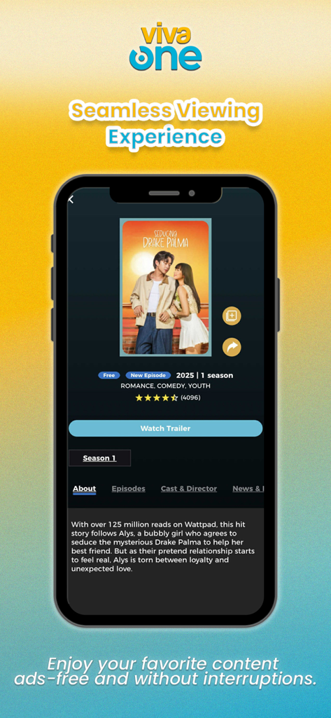 Viva One - Interface de l'application Viva One montrant une série romantique dramatique philippine avec un bouton "voir la bande-annonce"