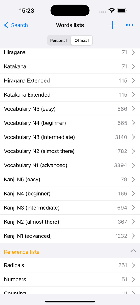Japanese Dictionary Takoboto - Japanese vocabulary and kanji study lists categorized by JLPT levels and reference types