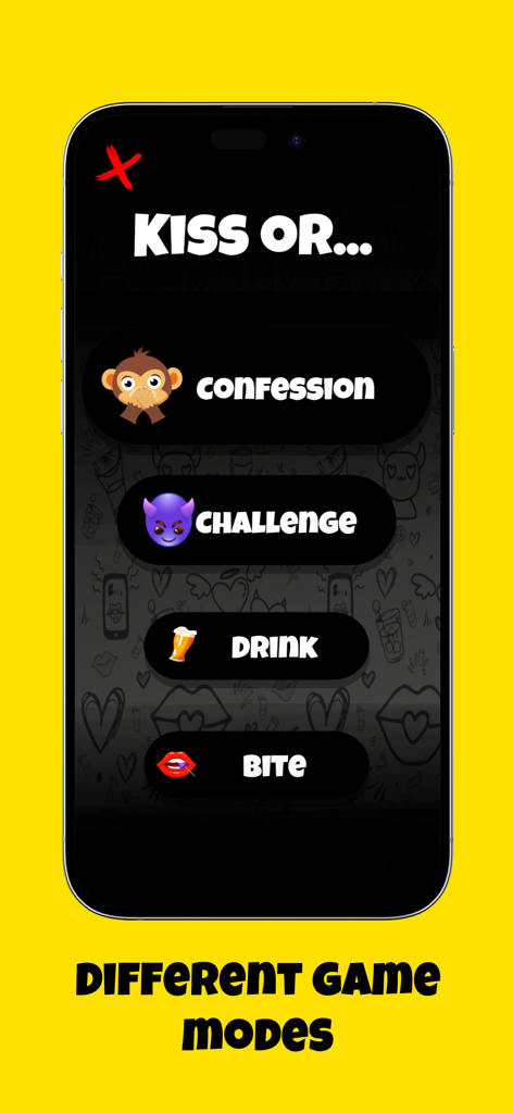 Kiss or Dare: Spicy - Kiss or Dare Spicyモバイルアプリのインターフェース。告白、チャレンジ、ドリンク、バイトなどのゲームモードが表示されています。