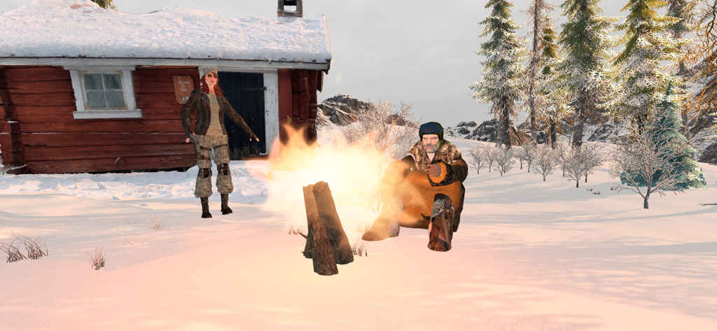 Two survivors warming up by a campfire in front of a wooden cabin in a snowy landscape.