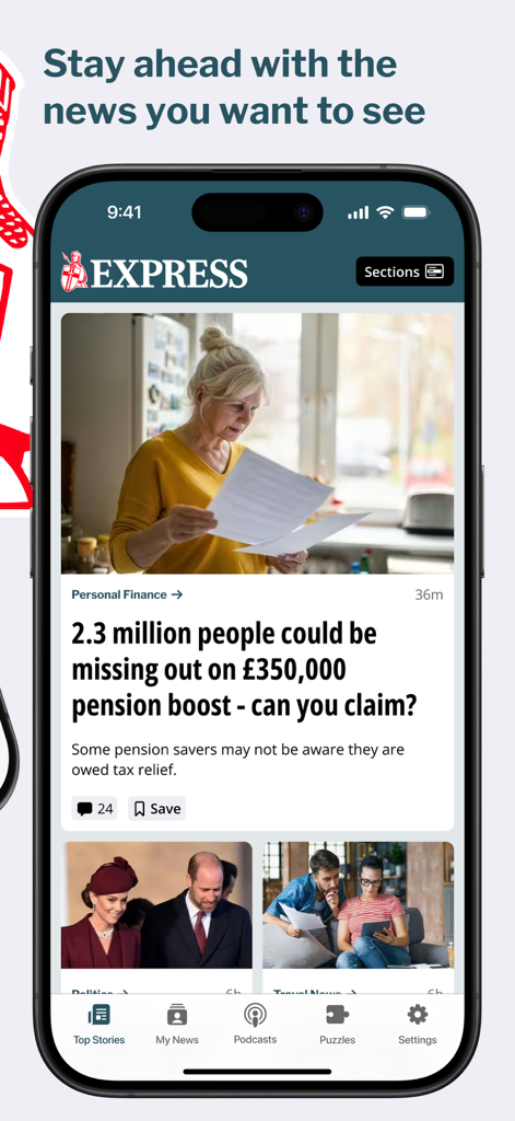 Die Benutzeroberfläche der Daily Express Nachrichten-App auf einem iPhone zeigt Artikel über persönliche Finanzen, Renten und die britische königliche Familie an.