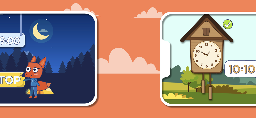 Screens hot s of a child ren s educational app showing a fox character at night and a cuckoo clock teaching analog and digital time