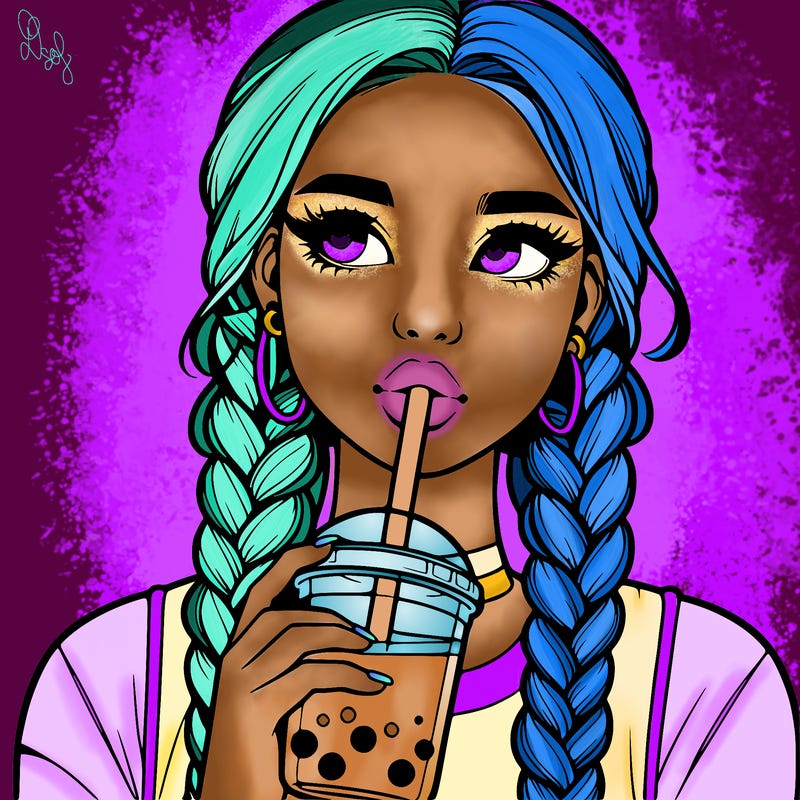 realistic girl with braided hair drinking boba