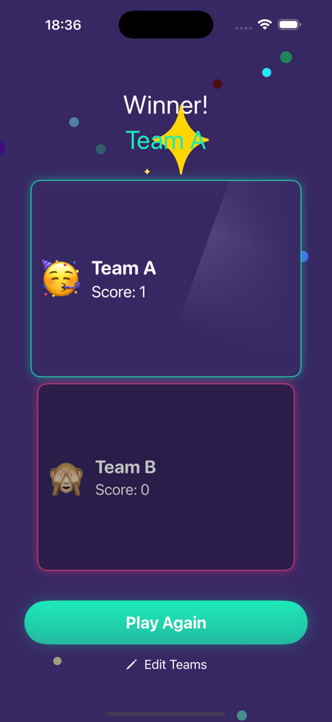 Taboo Game Offline  Many Words - Resultados e pontuações da equipe vencedora no aplicativo Jogo Tabu Offline.