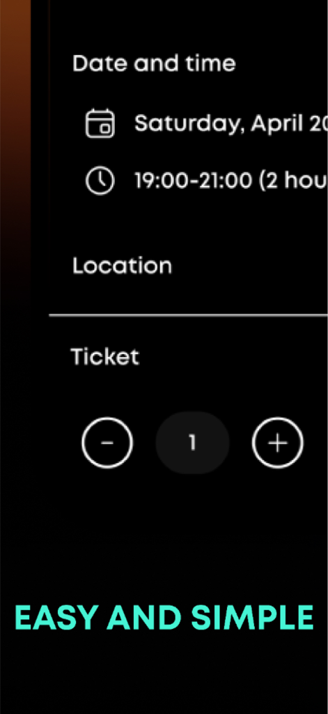 Pantalla de selección de entradas en la aplicación Frisson Events que muestra la fecha, hora y controles de cantidad de entradas del evento.