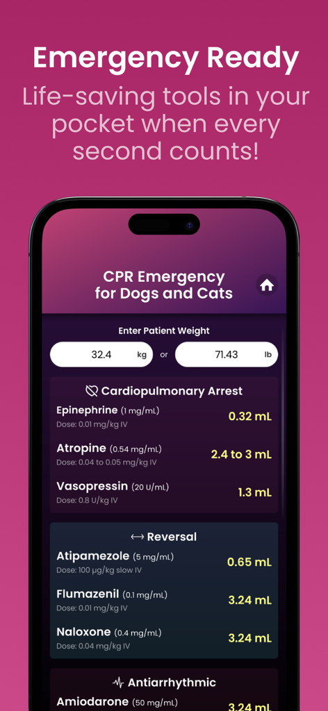 Vetpocket - Vet Calc & Drugs - Emergency CPR drug dosage calculator for dogs and cats on a mobile app interface.