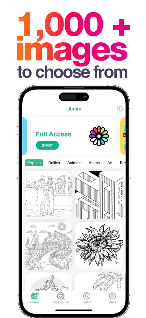 Coloring Book For Adults - Art - Un smartphone mostrando la pantalla de la biblioteca de una aplicación de colorear con varias categorías y una colección de páginas para colorear que incluyen animales y arquitectura.
