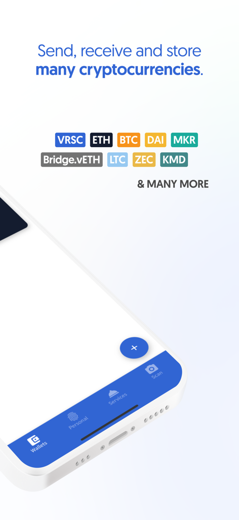 Verus Mobile - Verus Mobile app screenshot showing the ability to send receive and store many cryptocurrencies including Bitcoin and Ethereum