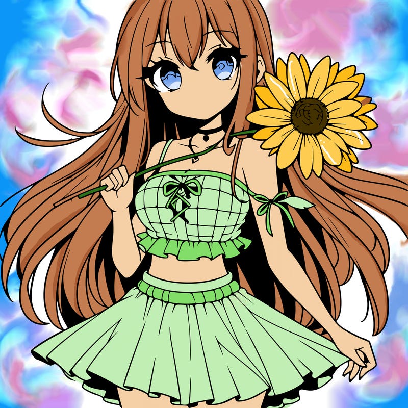 anime girl holding a flower wearing a skirt and crop top