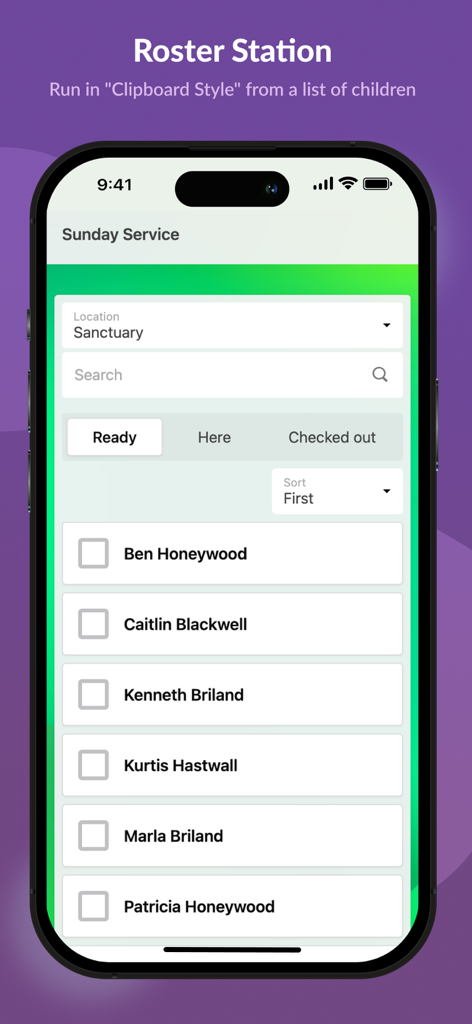 Planning Center Check Ins app roster station screen displaying a list of children for Sunday service attendance tracking