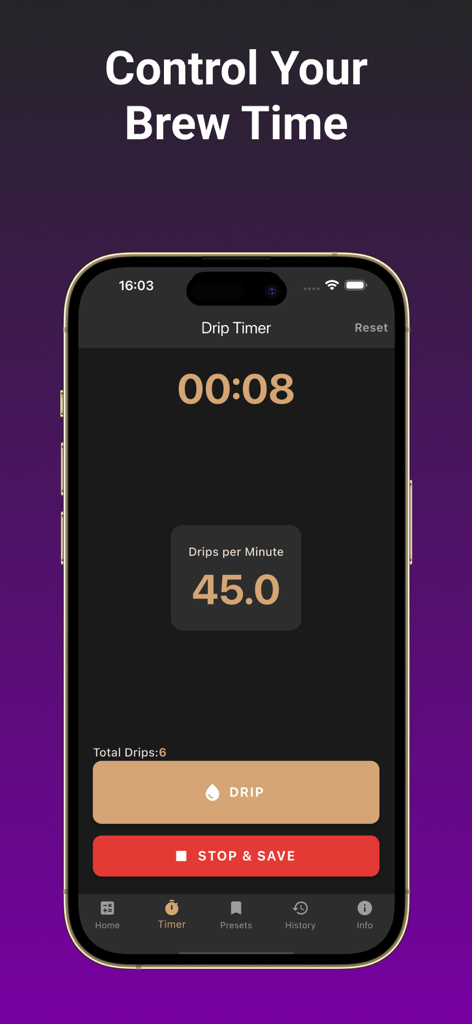 CoffeeDrip - CoffeeDrip app drip timer screen showing drips per minute and brewing controls