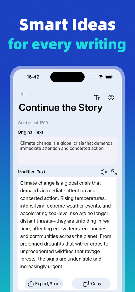 AI Writer app interface showing a short sentence expanded into a detailed paragraph using the continue the story feature