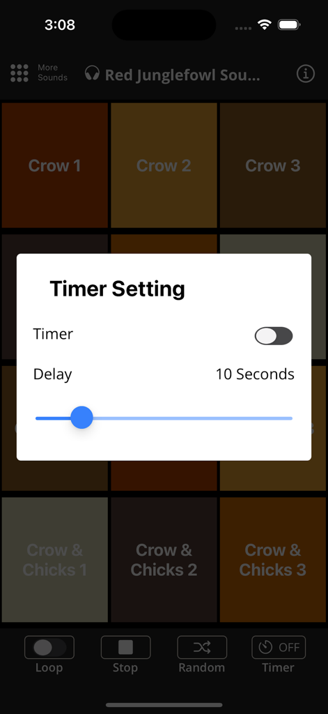 Interface of the Red Junglefowl app showing the timer setting popup with a 10 second delay slider for bird sounds