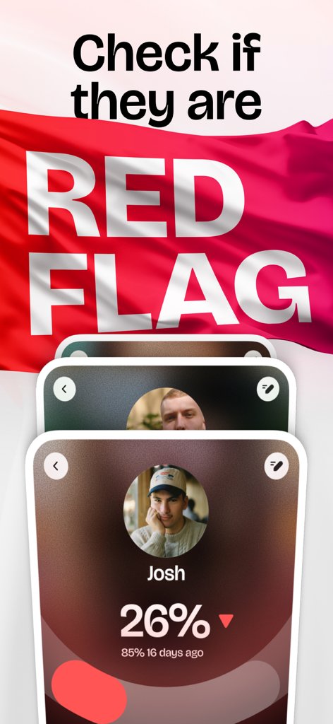 RedFlag app screen showing a relationship score of 26 percent for a partner named Josh