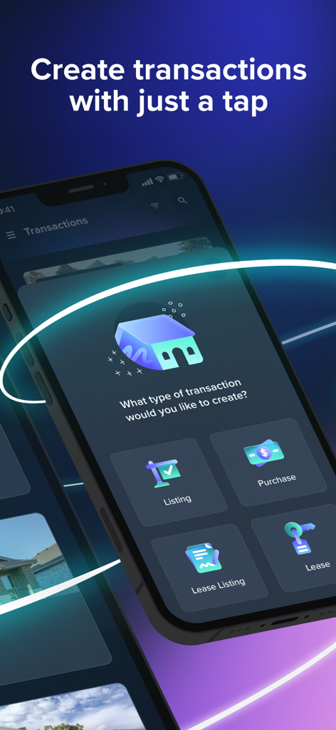 Smartphone screen displaying the SkySlope app transaction creation menu with options for listing purchase and lease