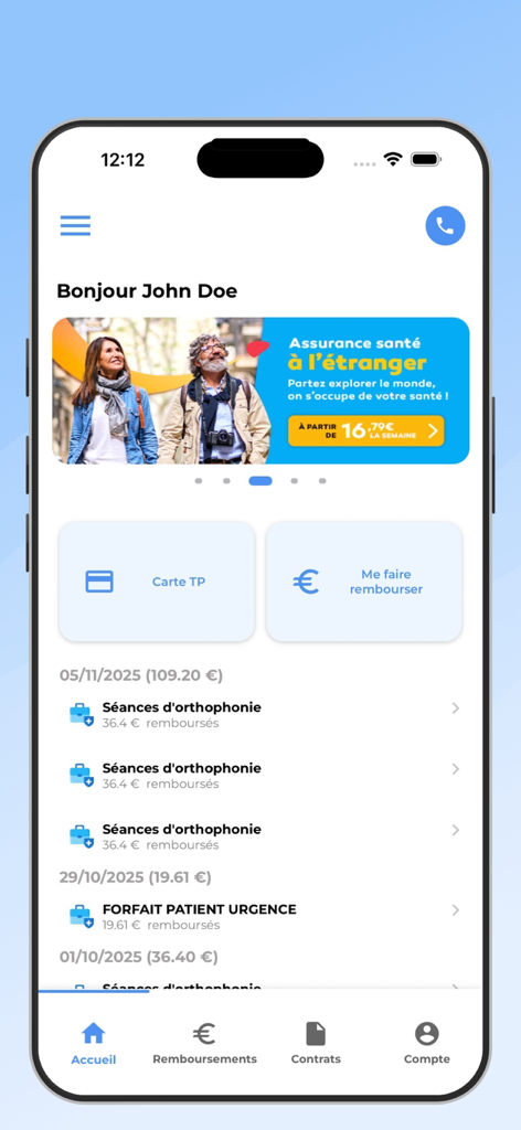 HEYME 뮤추얼 모바일 앱 홈 화면, 최근 환급금과 디지털 건강 카드 액세스가 표시된 사용자 건강 보험 대시보드
