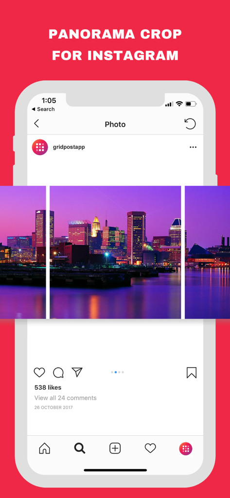 Función de recorte panorámico para Instagram que muestra una foto del horizonte de la ciudad dividida en publicaciones de carrusel