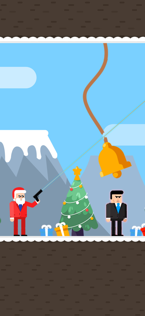 Personaje de Papá Noel apuntando un arma guiada por láser a una campana colgada en un nivel de puzle de física con temática navideña.