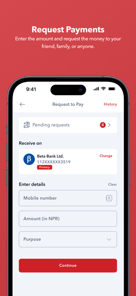 Fonepay App - Fonepay app interface for requesting payments from friends or family with fields for mobile number and amount