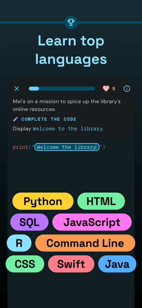 Interfaz de la app Encode mostrando ejercicios de codificación interactivos y varios lenguajes de programación como Python, SQL y JavaScript