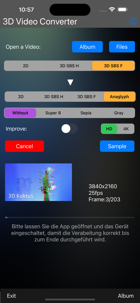 3D Video-Converter - Interface of the 3D Video Converter app showing options to convert SBS video to Anaglyph with resolution and filter settings.