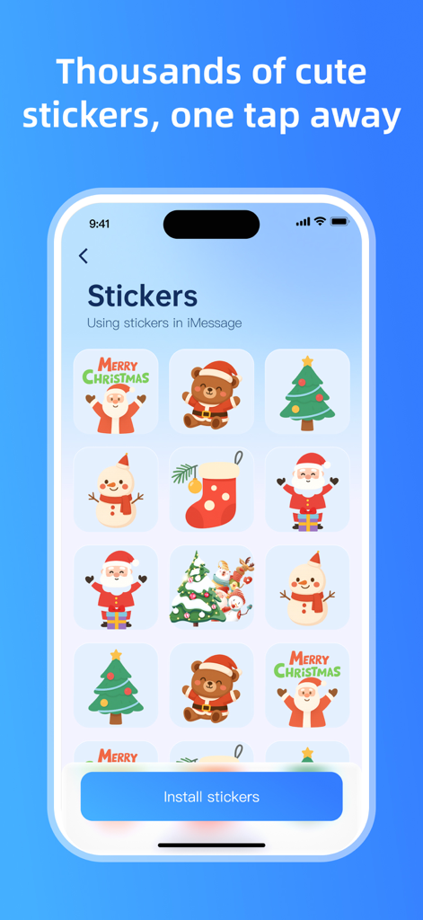 CleanNow - AI Storage Cleaner - Vista previa de stickers festivos de Navidad para iMessage dentro de la interfaz de la aplicación CleanNow