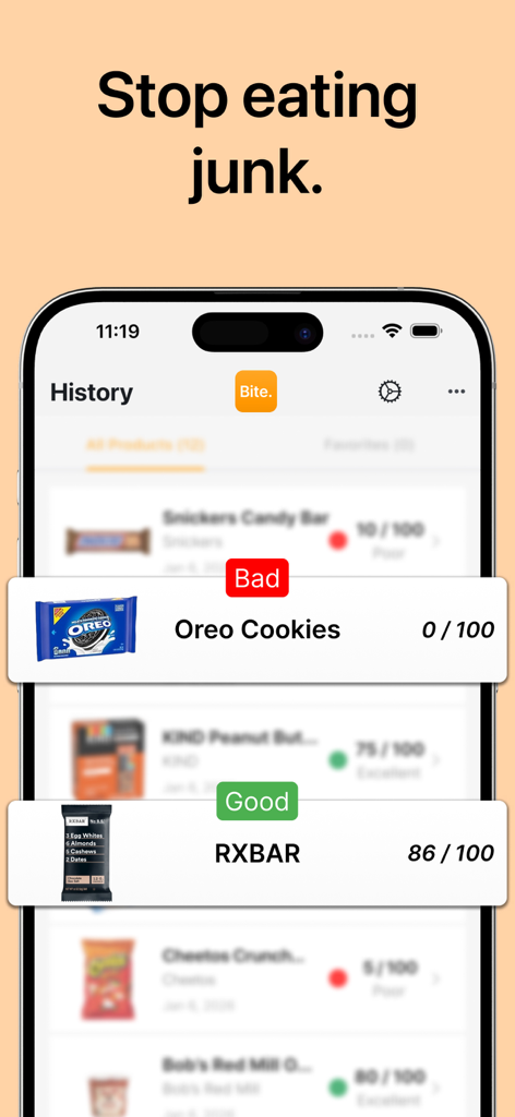 Bite app interface showing nutrition scores for cookies and health bars with good and bad labels