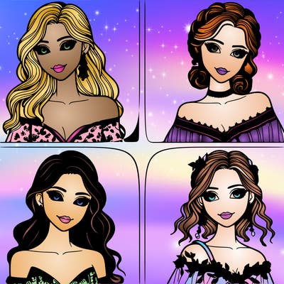 four women portraits in fancy clothes and bright eyes