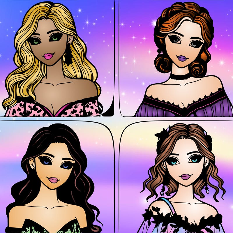 four women portraits in fancy clothes and bright eyes