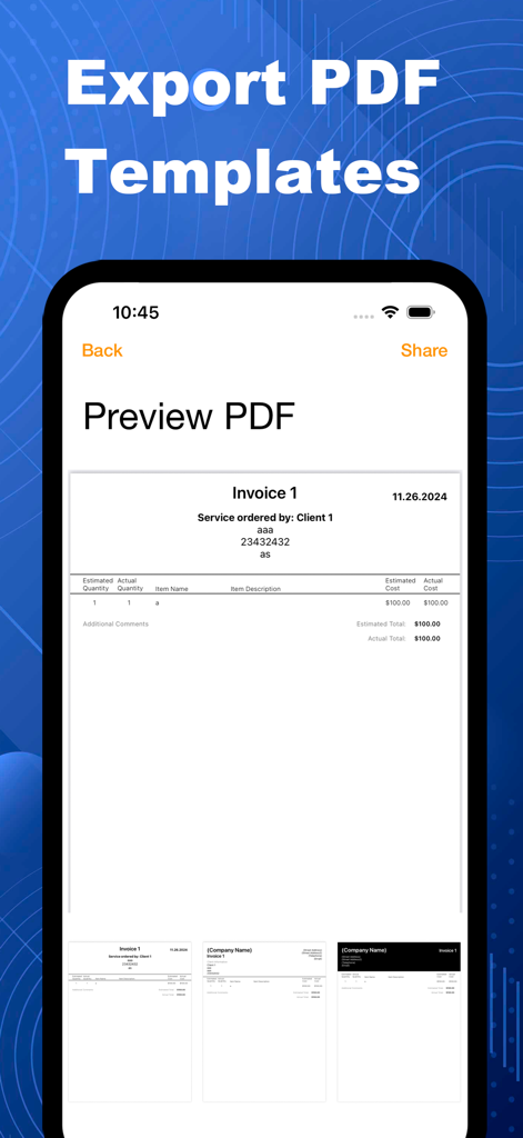 Simple Invoice Creator & Maker - Tela de aplicativo móvel mostrando modelos de faturas PDF profissionais e uma prévia de um boleto gerado