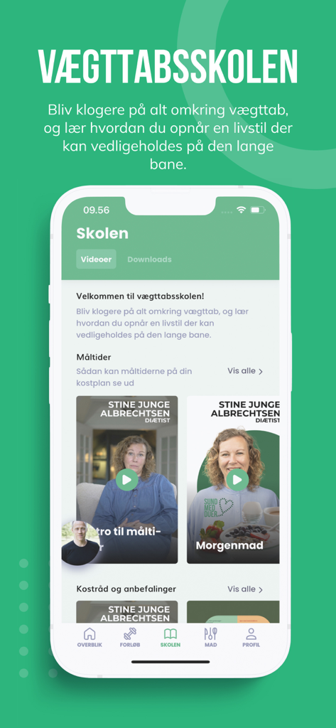 Sund med Duer - A tela da escola do aplicativo Sund med Duer com aulas em vídeo sobre perda de peso.