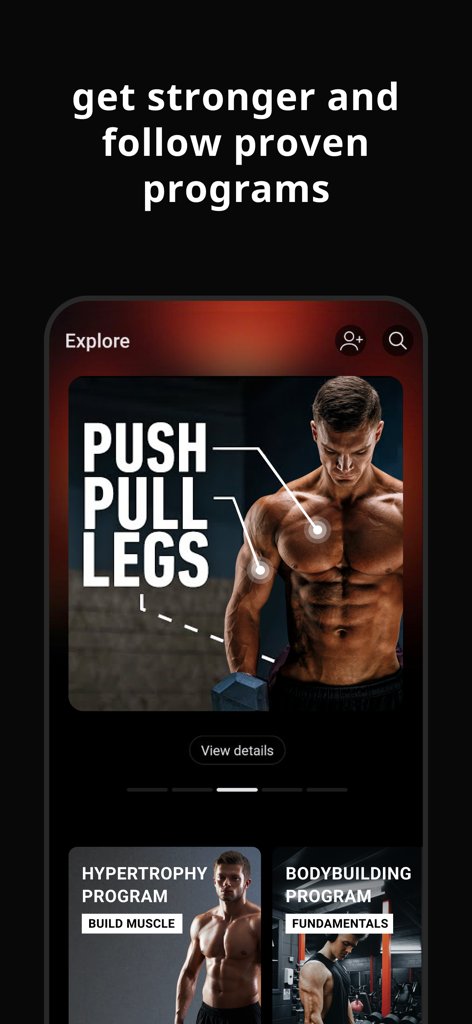 Lyfta: Gym Workout Tracker Log - Interfaz de la aplicación de gimnasio Lyfta que muestra varios programas de fitness como Empujar Tirar Piernas e Hipertrofia