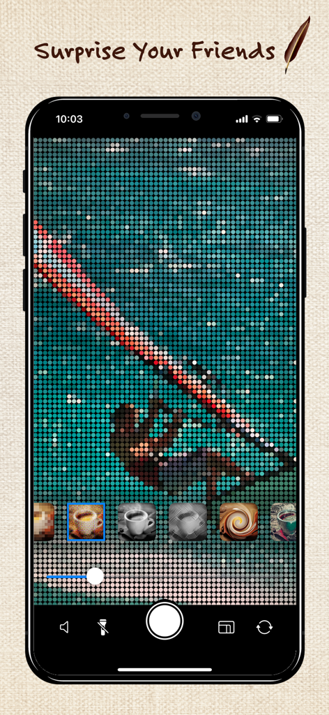 A smartphone screen showing the SketchSnap app applying a dot art filter to a photo with a live camera viewfinder