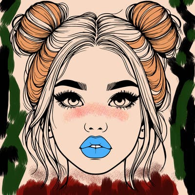 realistic girl with two buns on her hair and lips
