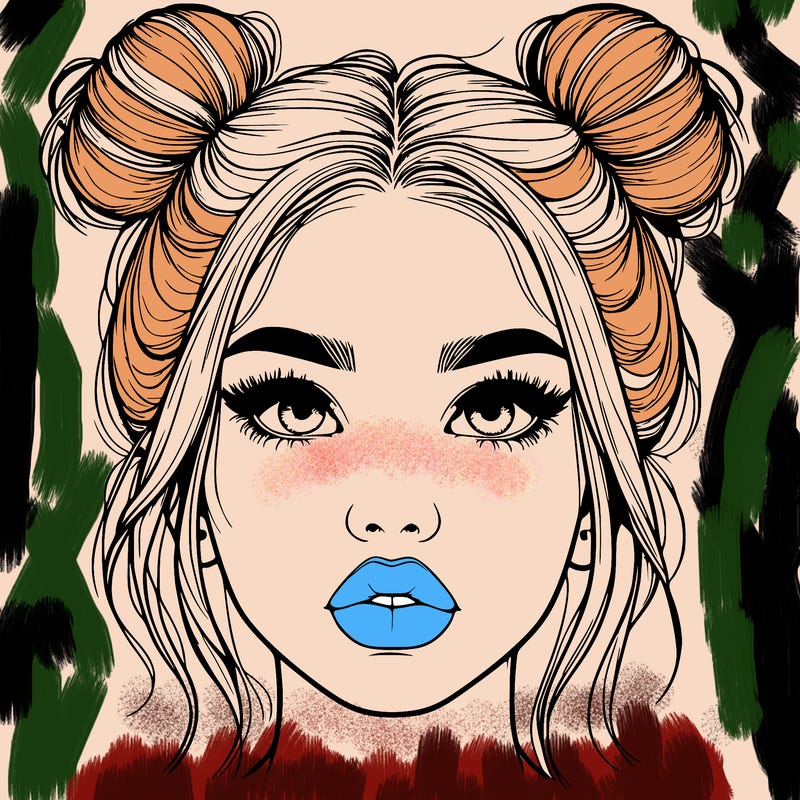 realistic girl with two buns on her hair and lips