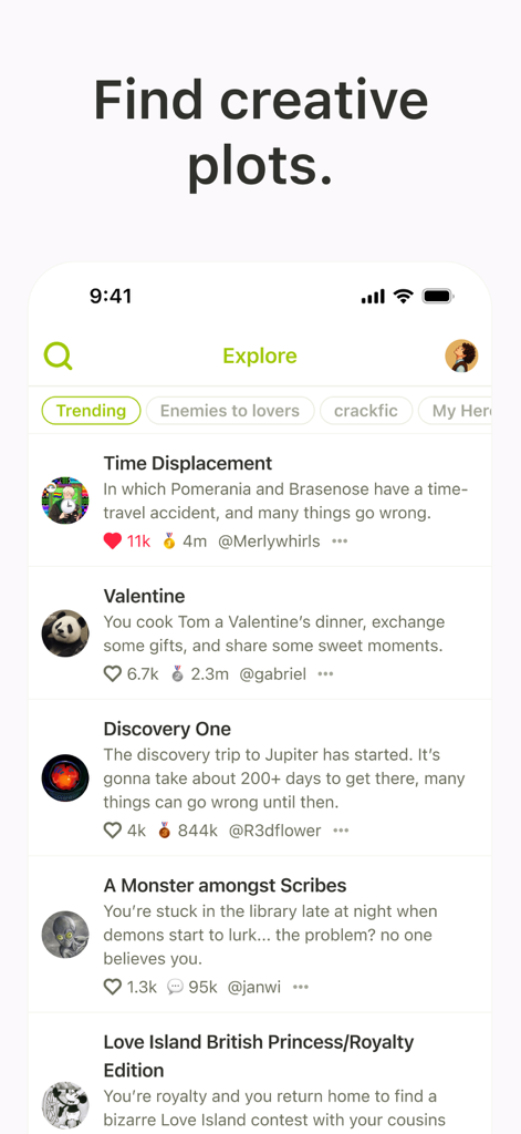 Explore section of the Y/n app showing various creative fanfiction story plots.