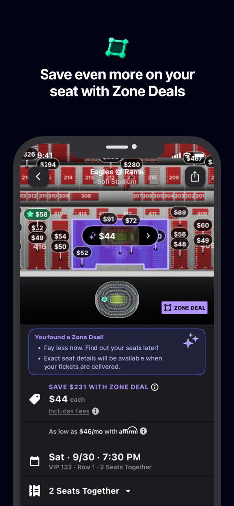 Gametime app screenshot displaying a stadium seating map with a highlighted discount price for Zone Deals