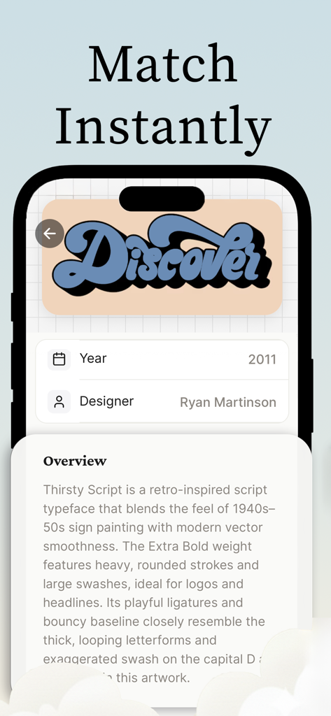 Font Finder: AI Identifier - Font Finder app interface showing a typeface profile with name, designer, and release year details