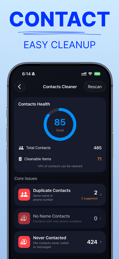 ClearMind:Photo Boost Cleaner - Interfaz de la app ClearMind mostrando la puntuación de salud de los contactos y opciones para limpiar duplicados y contactos antiguos