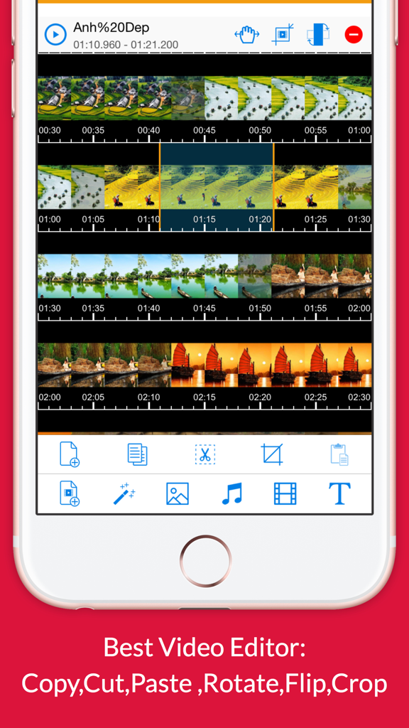 Video Cache - Editor & Maker - Video Cache app interface showing a multi-clip video timeline and editing tools