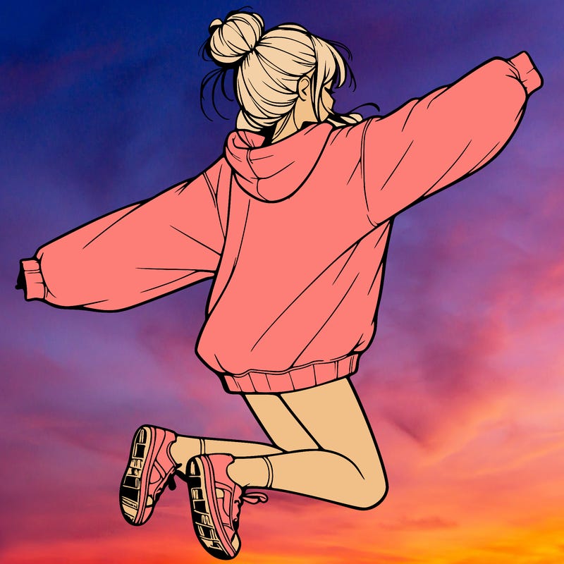 realistic girl jumping with a bun and oversized sweatshirt